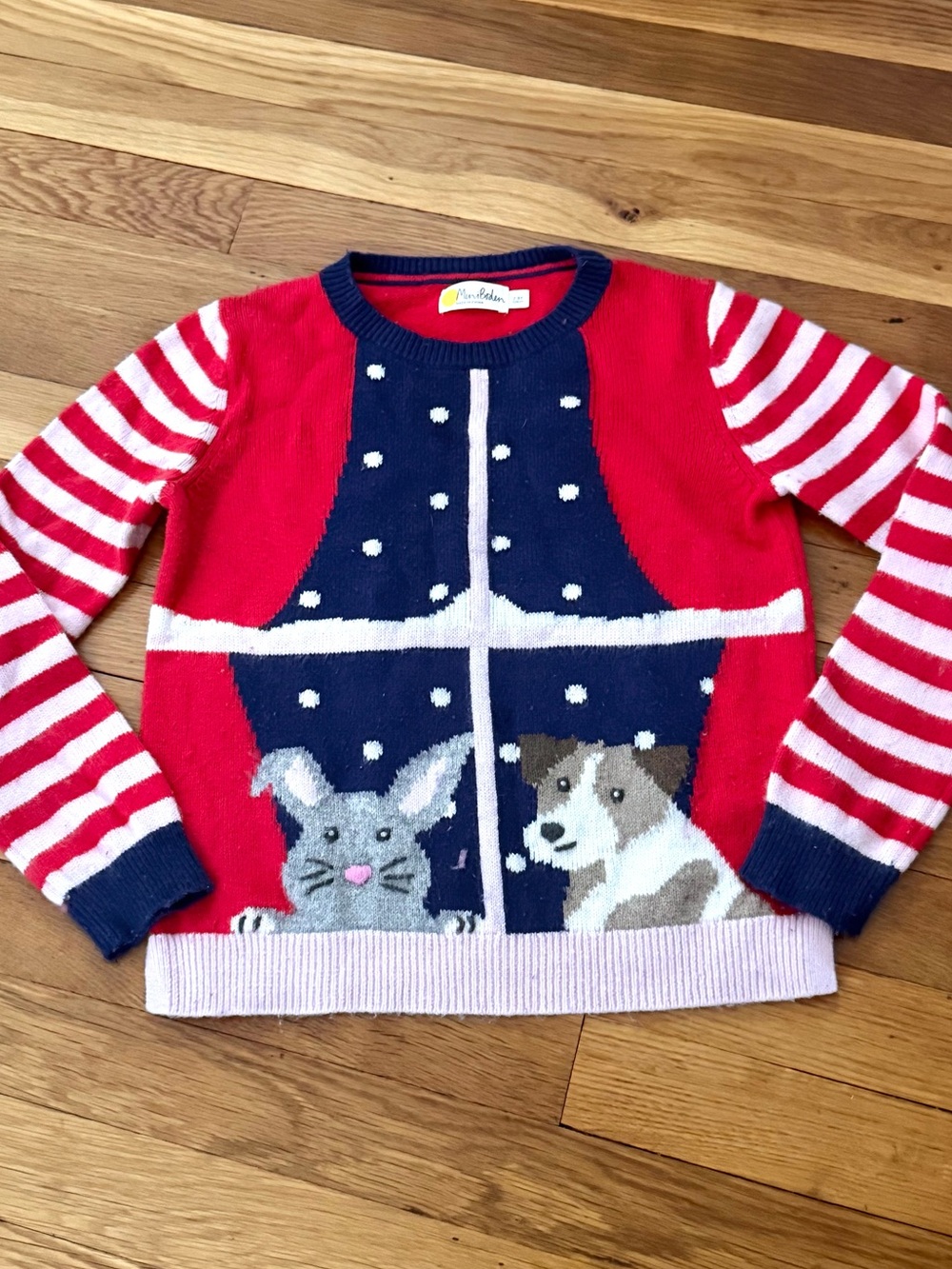 Mini Boden 7-8Y Wool Blend Dog and Bunny in Window Pullover Sweater